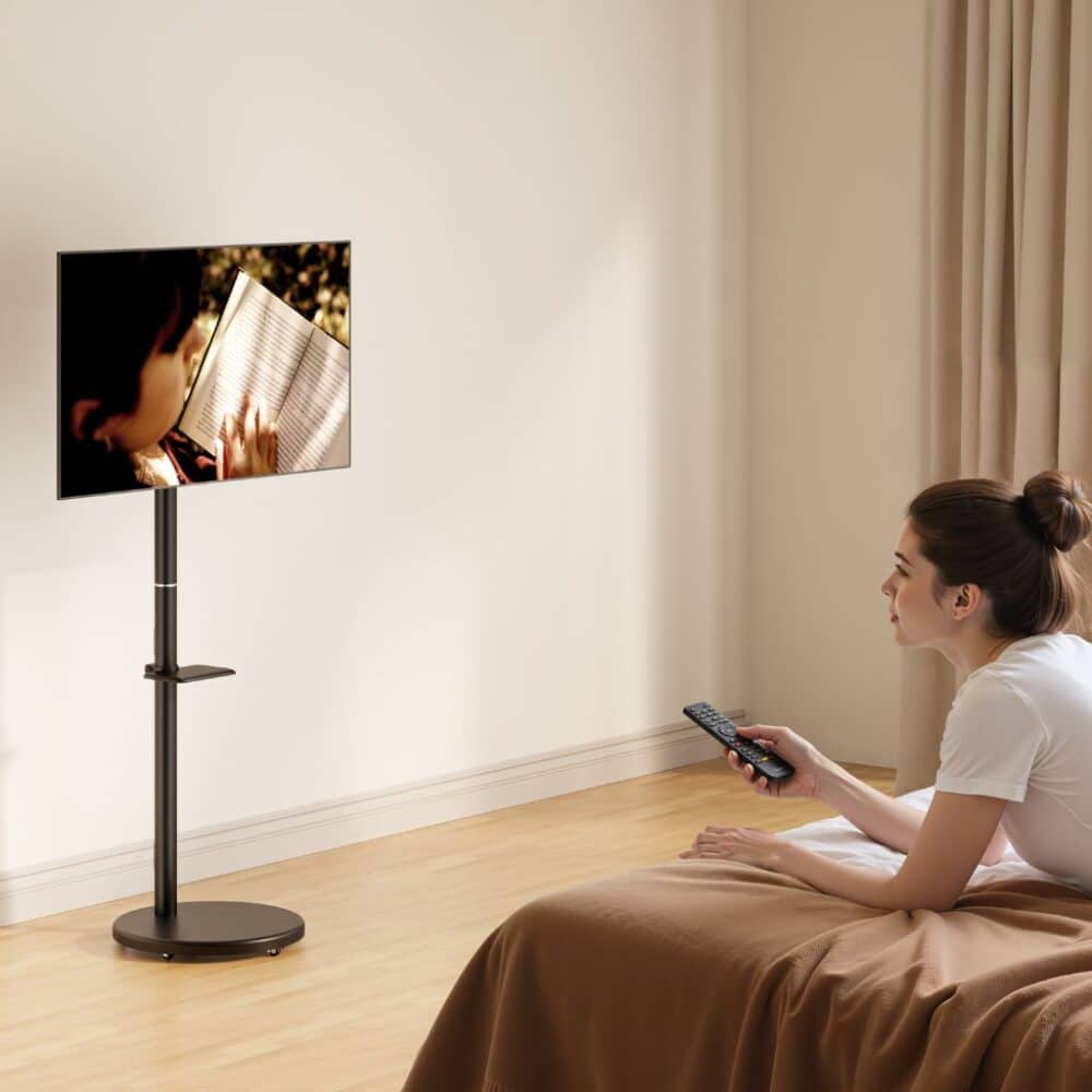 5 מעמד רצפתי מעוצב עם גלגלים נסתרים למסכים עד 43׳׳ אודיו ליין AUDIO LINE דגם Al-45 צבע שחור - אספקה החל מתאריך 10/03