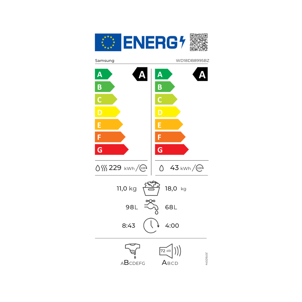תווית-אנרגיה-WD18DB8995BZ מכונת כביסה 18 ק"ג משולבת מייבש 11 ק"ג Samsung סמסונג WD18DB8995BZ